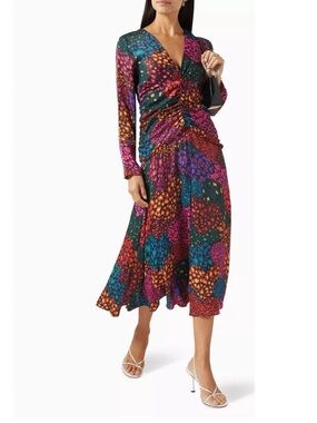 Farm Rio Rainbow Hearts Ruching Multicolor V-Neck Long Sleeve Midi Dress size M